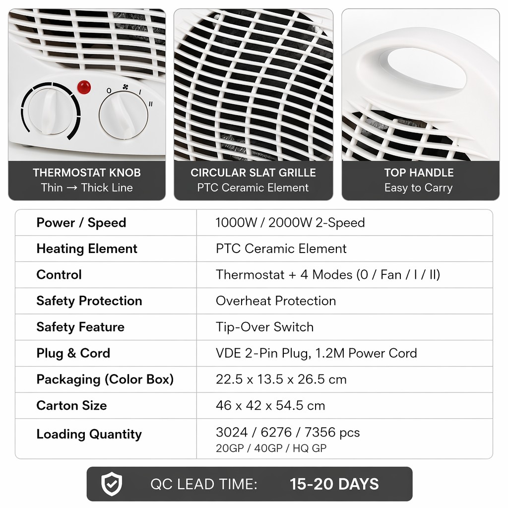 PTC Ceramic Fan Heater Portable Electric Space Room Desktop Heater 1000W 2000W Dual Power Safety Fuse Tip Over Switch VDE product view