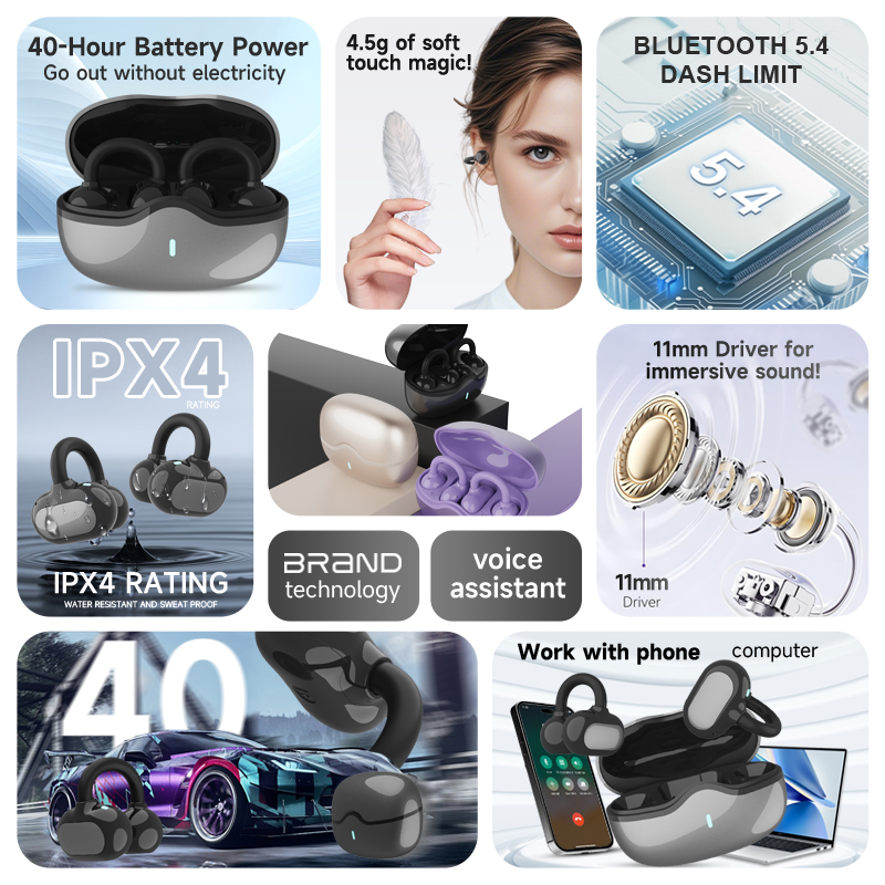 C01 Wireless Open Ear Sports Earbuds with Charging Case IPX4 Waterproof Built-in Mic Clip-On Earphones for Fitness Running product view