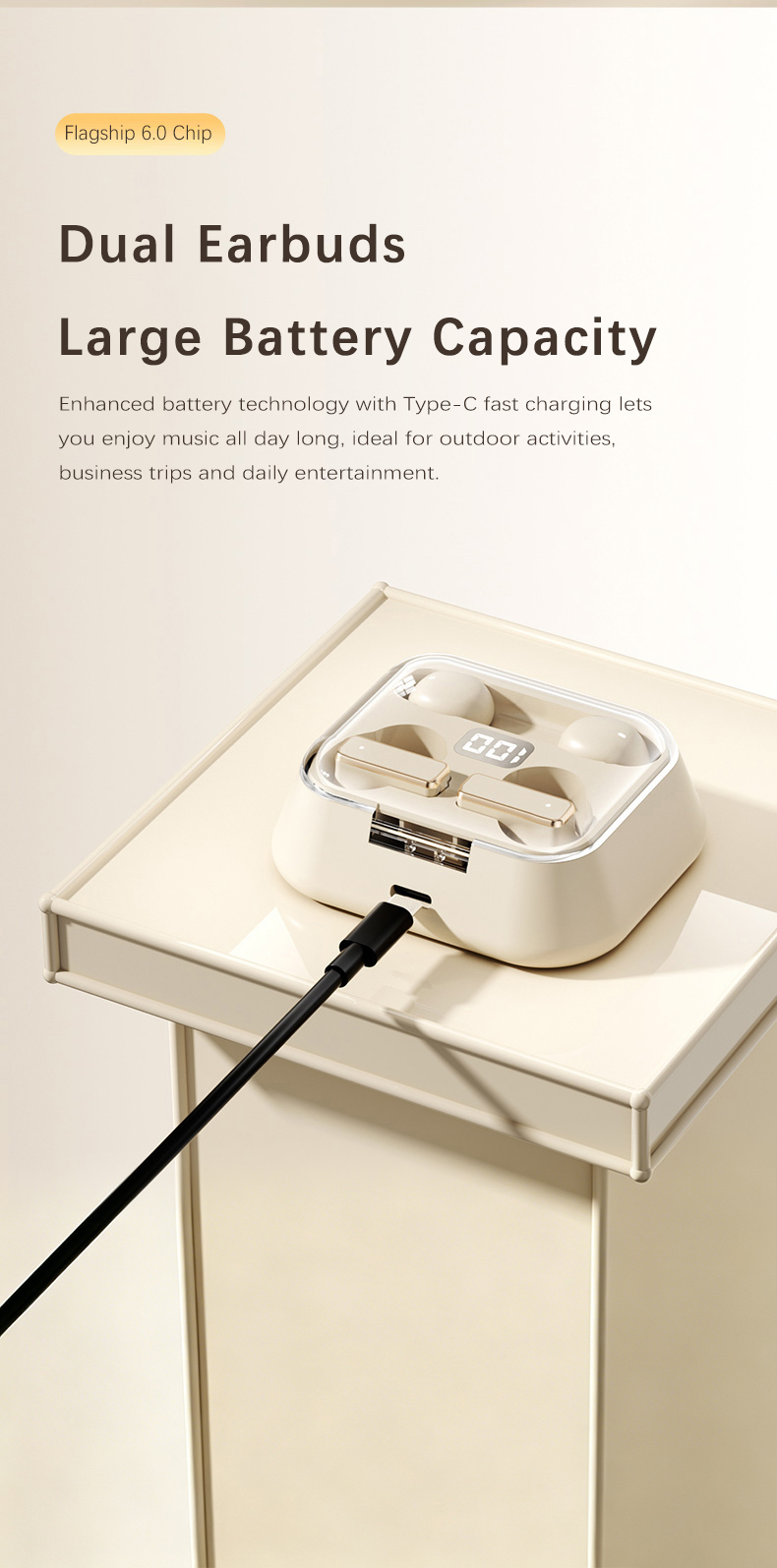 Customizable Y42 2-in-1 Couple Design Wireless Earphones, Digital Display Earbuds, Comfort Fit for Side Sleeping & Daily Sharing detail