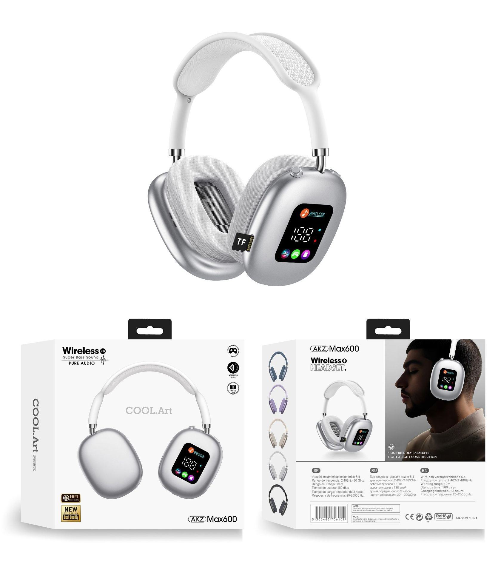 Foldable Lightweight Display Headphones Wireless Headset Bluetooth Earphones Noise Cancelling Over-Ear Gaming Headphone detail