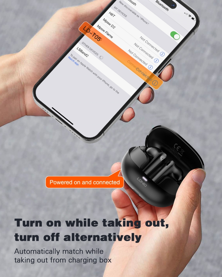 LDNIO T05 Hot Selling Oem Odm Tws Earbuds Gaming In-ear Earbuds Bt 5.3 Tws Wireless Headphone Earphone Earbuds detail
