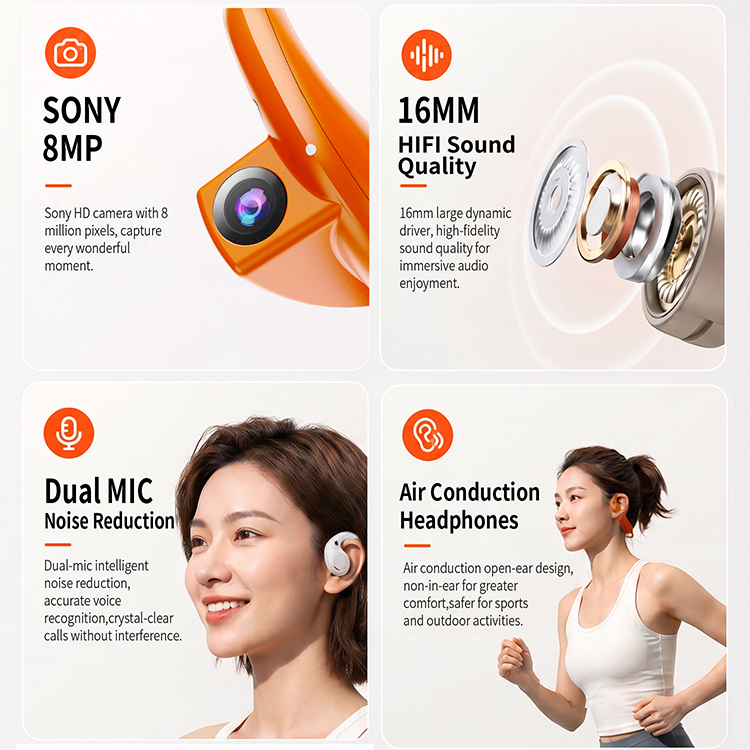Wireless Open Ear Bone Conduction Headphones with Camera Video Recorder AI Translator Earbuds Noise Reduction TWS Sport Earphone product view