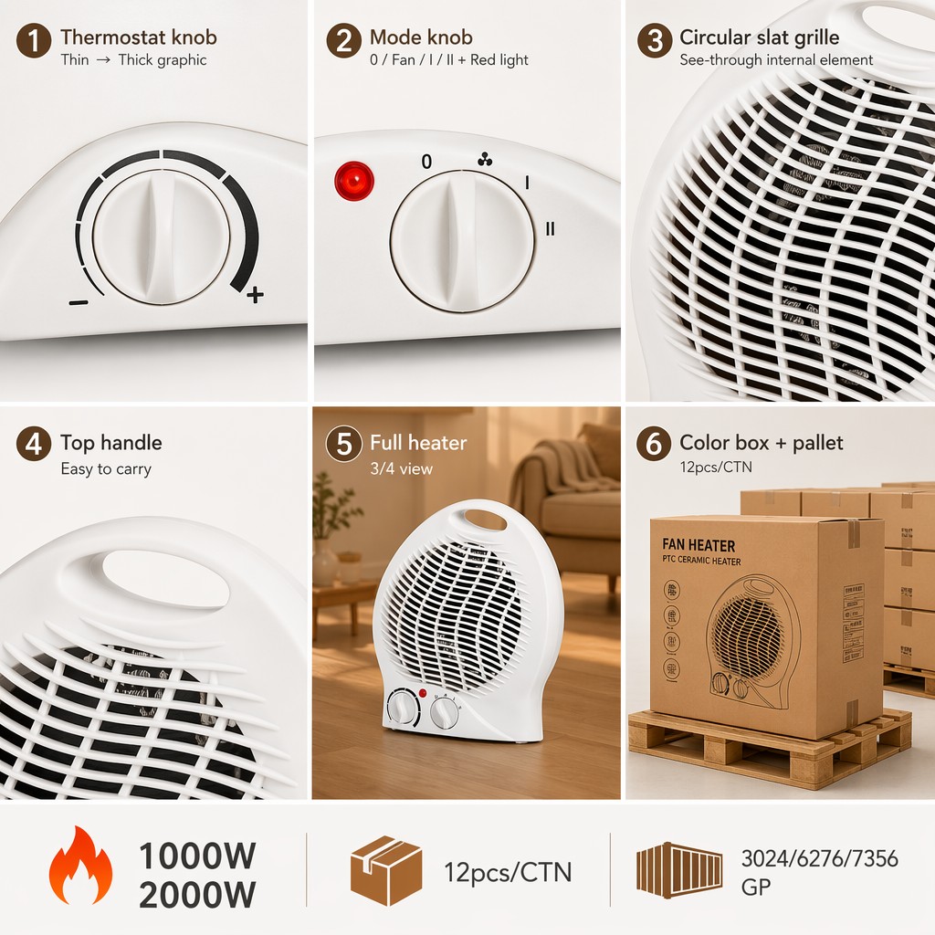 Portable Fan Heater Ceramic PTC Electric Space Room Heater 1000W 2000W 2 Heat Overheat Protection Safety Fuse VDE Desktop Office detail