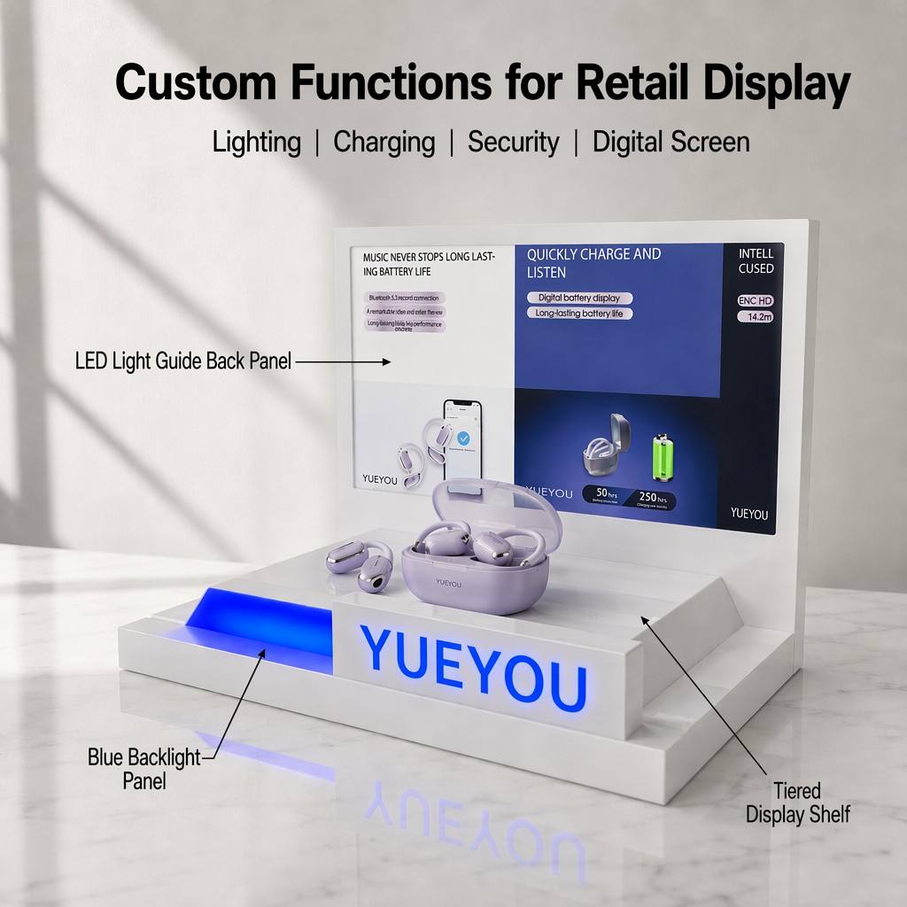 Custom OWS Open Ear Earbuds Display Stand Acrylic Shelf LED Light Guide Blue Ambient Backlight Brand Logo Wireless Earphone Easy product view