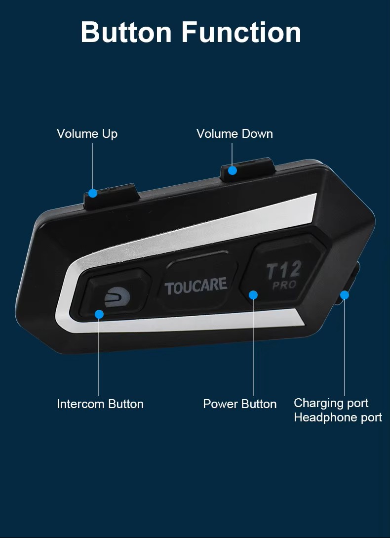 TOUCARE T12 Heavy Bass Motorcycle Intercom Bluetooth Earphones Waterproof Noise Reduction Mixing MESH Multi Person  Dedicated product view