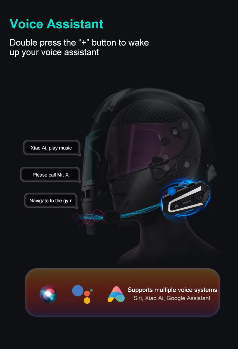 TOUCARE T12 Heavy Bass Motorcycle Intercom Bluetooth Earphones Waterproof Noise Reduction Mixing MESH Multi Person  Dedicated product view