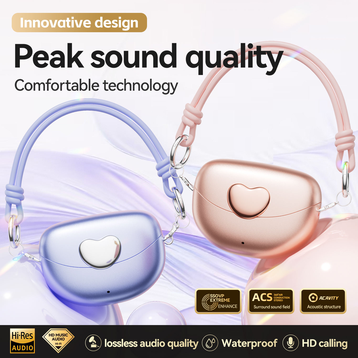 Small Bluetooth Earbuds Compact Earphones Waterproof Heart Shape Pearlescent Fashion Single-Piece Clip-on Earphones product view