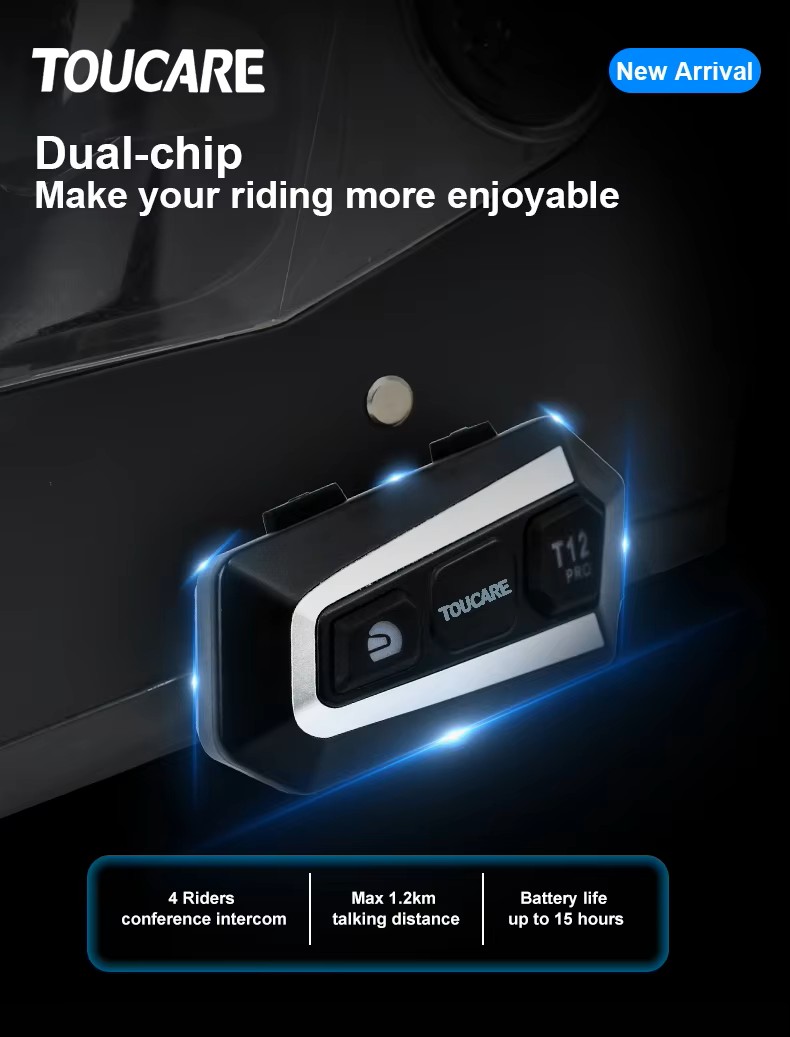 TOUCARE T12 Heavy Bass Motorcycle Intercom Bluetooth Earphones Waterproof Noise Reduction Mixing MESH Multi Person  Dedicated detail