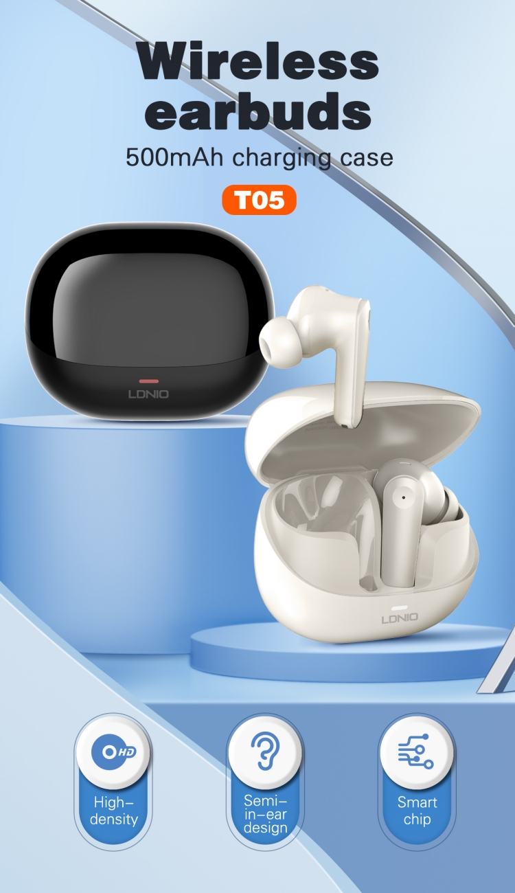 LDNIO T05 Hot Selling Oem Odm Tws Earbuds Gaming In-ear Earbuds Bt 5.3 Tws Wireless Headphone Earphone Earbuds product view