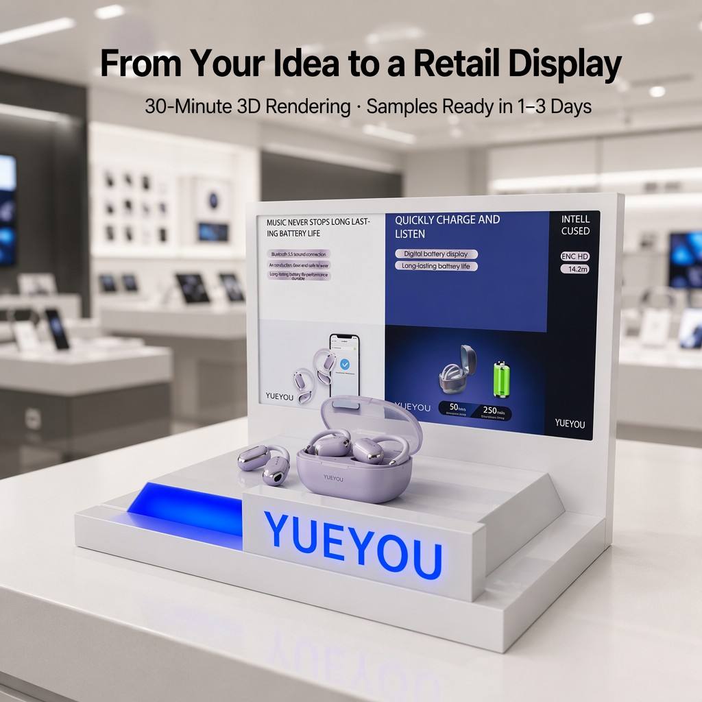 Custom OWS Open Ear Earbuds Display Stand Acrylic Shelf LED Light Guide Blue Ambient Backlight Brand Logo Wireless Earphone Easy
