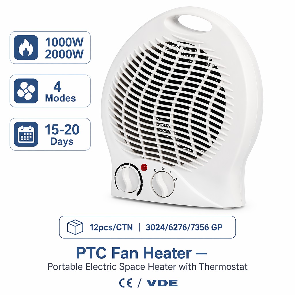 Portable Fan Heater Ceramic PTC Electric Space Room Heater 1000W 2000W 2 Heat Overheat Protection Safety Fuse VDE Desktop Office