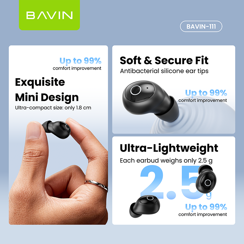 BAVIN Mini Size Fashion Portable BAVIN111 in Ear Buds Tws True Wireless Earphone Headphones detail