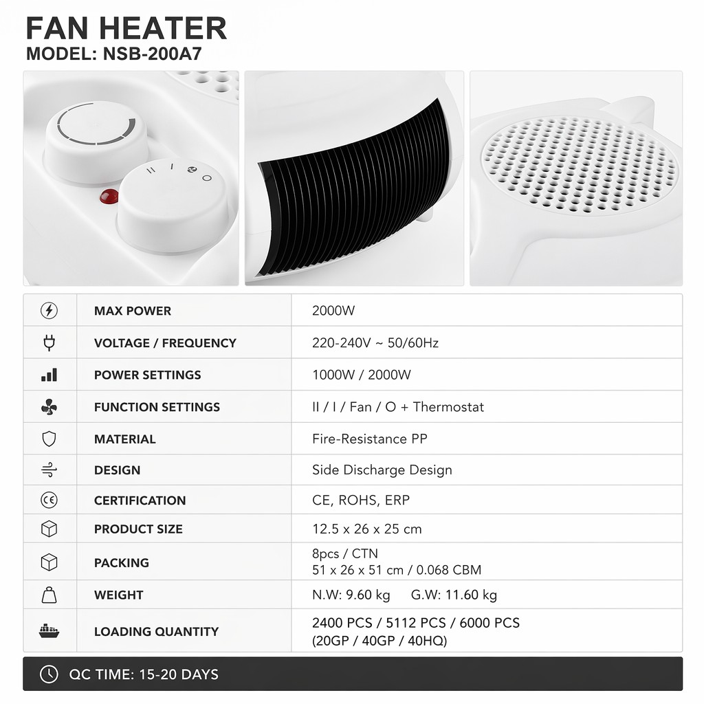 Fan Heater Dual Position Thermostat Portable Room Space Heater Vertical Horizontal 3 Mode Hot 2000W Auto Control Fire Proof ERP product view