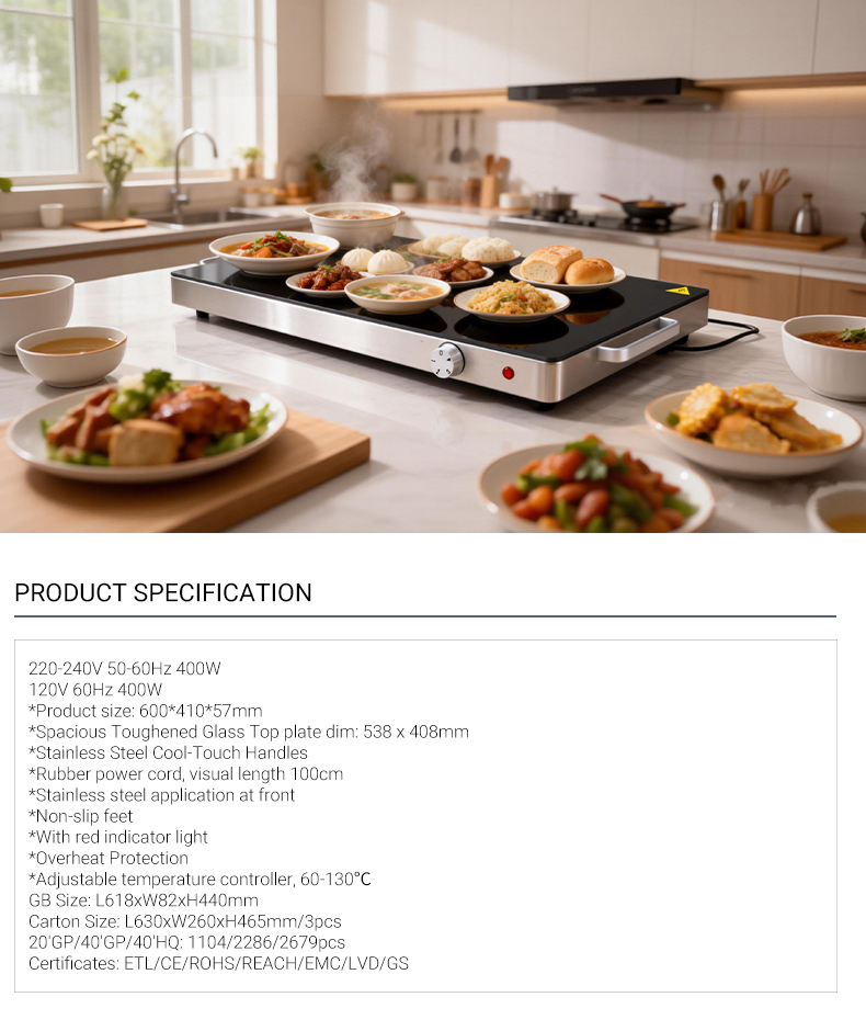 Best Price Indoor Outdoor 400w Household Kitchen Tray Hot Warm Plate Electric Glass Hot Plate for Food detail