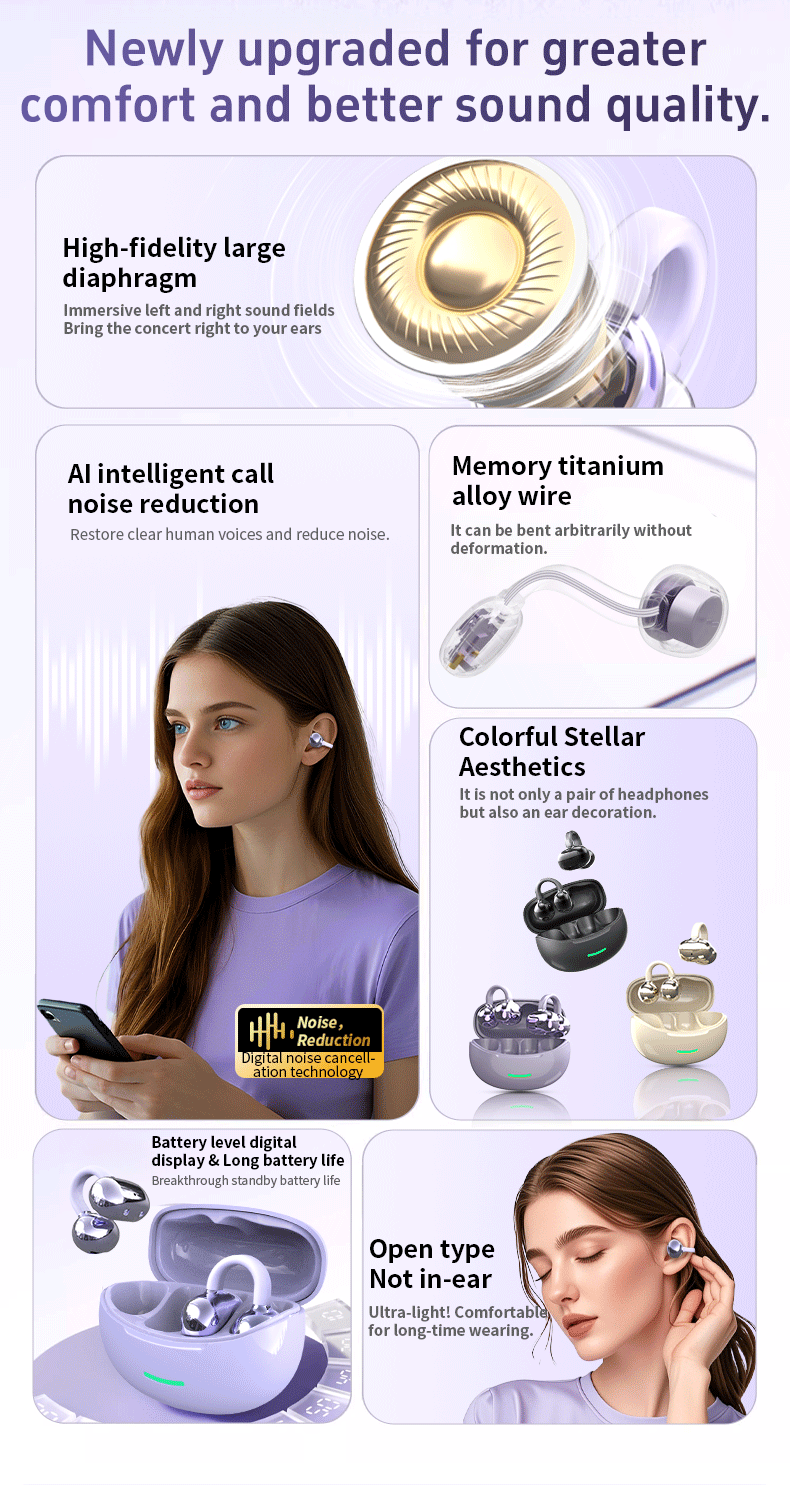 DOQAUS W18  Hot Selling Ear Hook Ear Clip Earphone HIFI Stereo Wireless Headphones Light ENC Outdoor Sports Waterproof Earphones detail