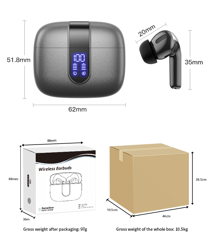 Hot-selling Noise-Canceling Wireless In-Ear Headphones with Digital Display Waterproof Sweatproof Long Battery Life BT Earphones detail