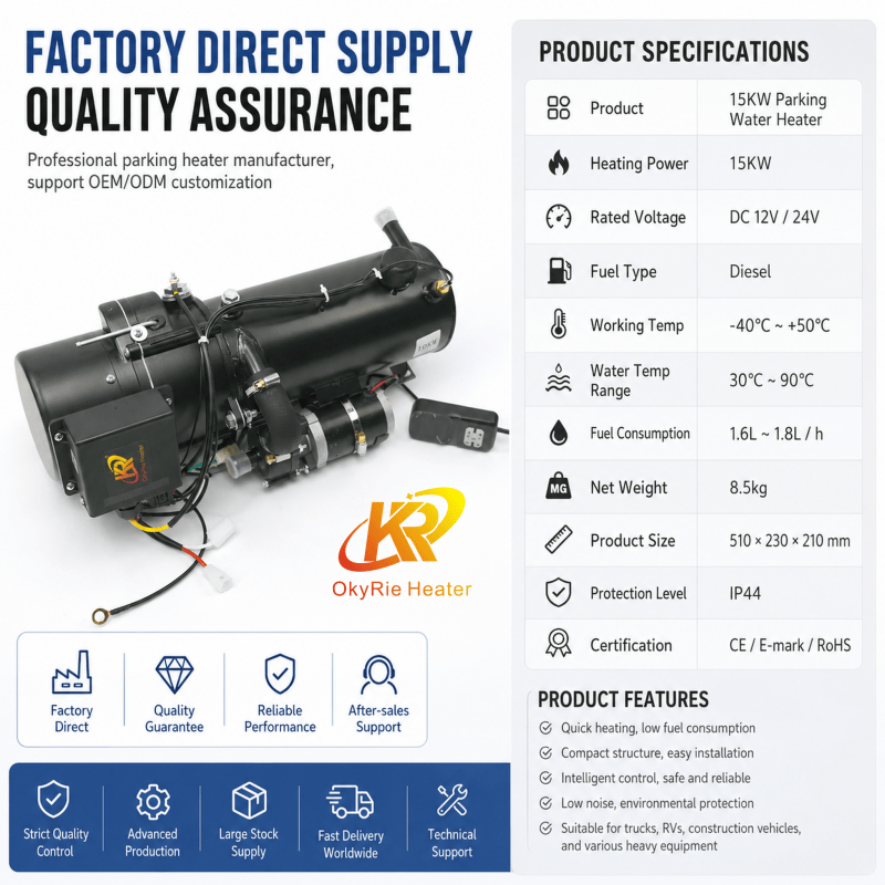 OkyRie WH-15B 15KW Diesel Only Hydronic Parking Heater Defrost Cabin Window Warm Engine Heavy Machinery Heater detail