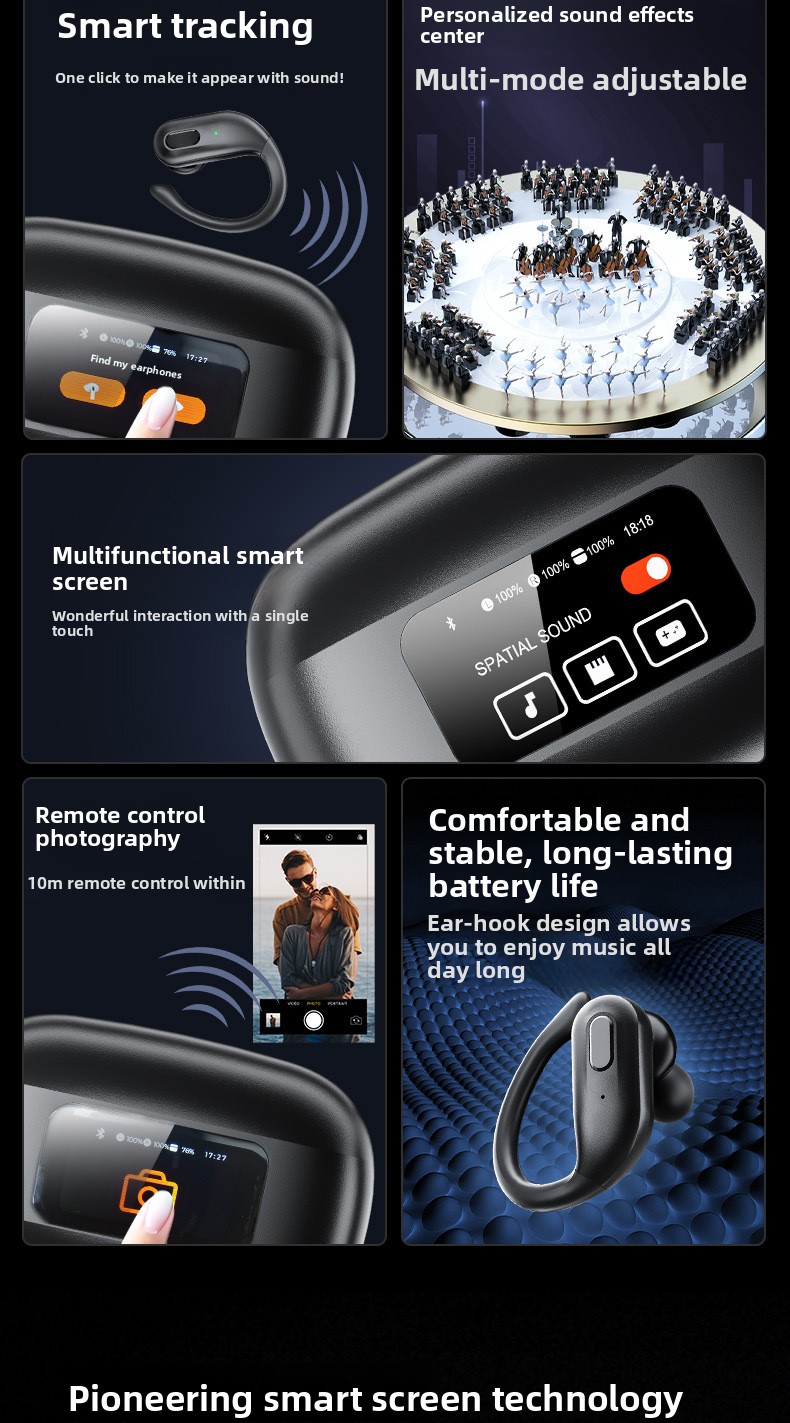 Sports  Headphones - High-Quality Noise-Canceling Multi-functional Long-Range Wireless Earphones with Touch Screen detail