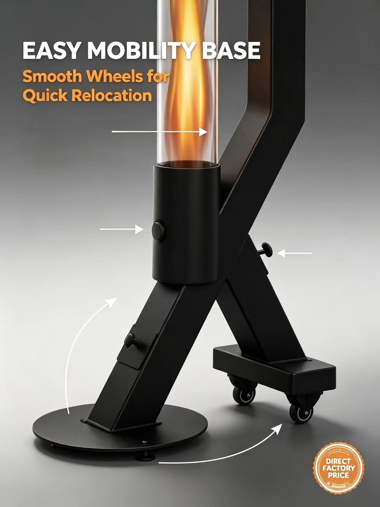 Modern Pellet Patio Heater  Outdoor Heater with Heat-Resistant Glass Tube Powder-Coated Black Base Plate Equipped with 2 Wheels detail