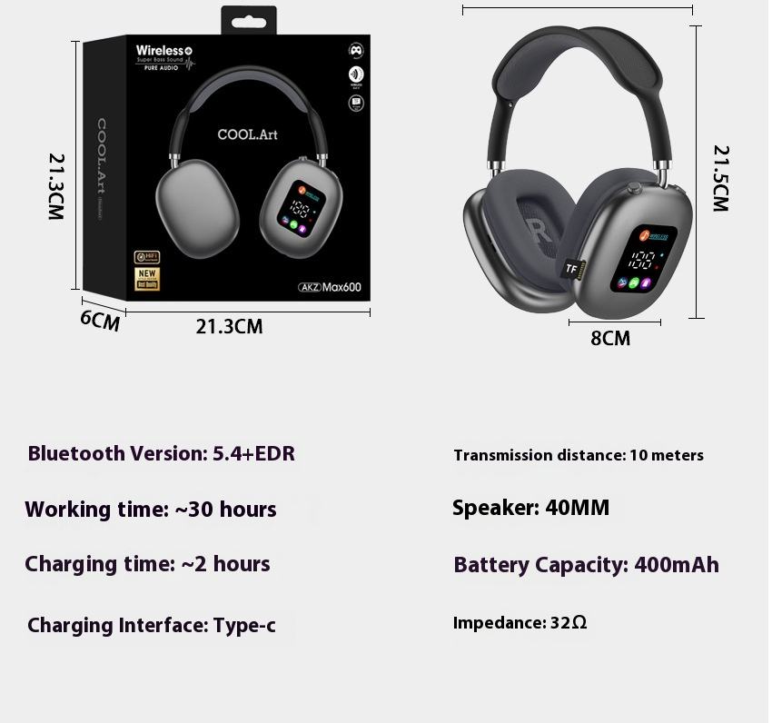 Foldable Lightweight Display Headphones Wireless Headset Bluetooth Earphones Noise Cancelling Over-Ear Gaming Headphone product view