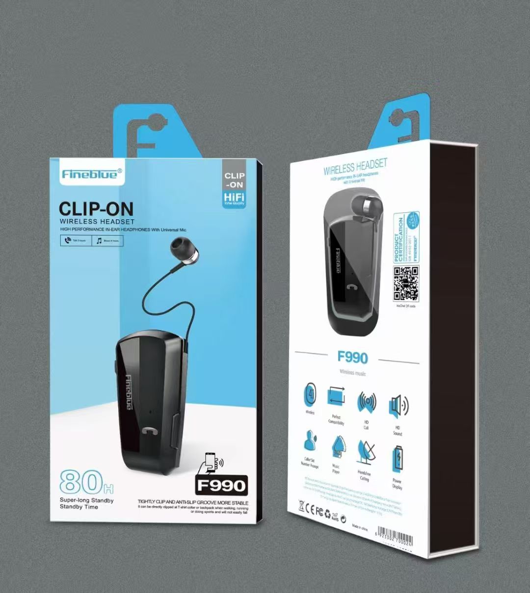 Fineblue F990 Pro for 5.3 Wireless Earphones IPX3 Waterproof LED Battery Private Mold In-Ear Handsfree Lavalier Design product view
