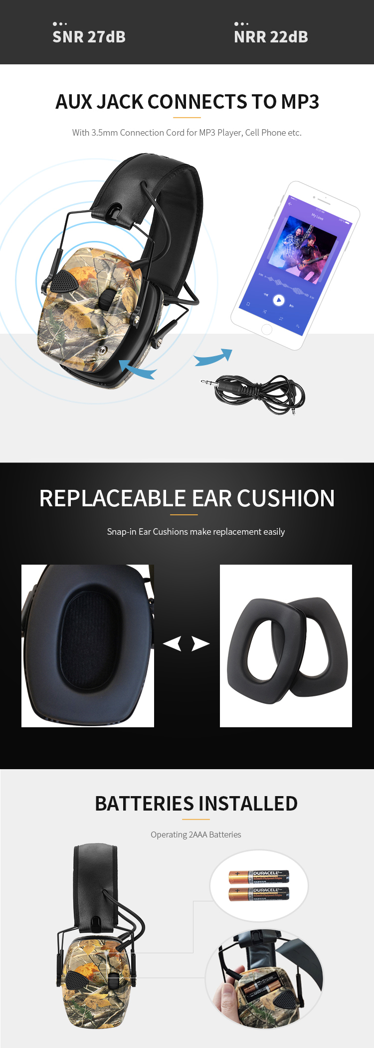 Stylish ABS Rubberized Coating Tactical Foldable Rechargeable 27dB Noise Reduction Shooting Headphones Earmuffs detail