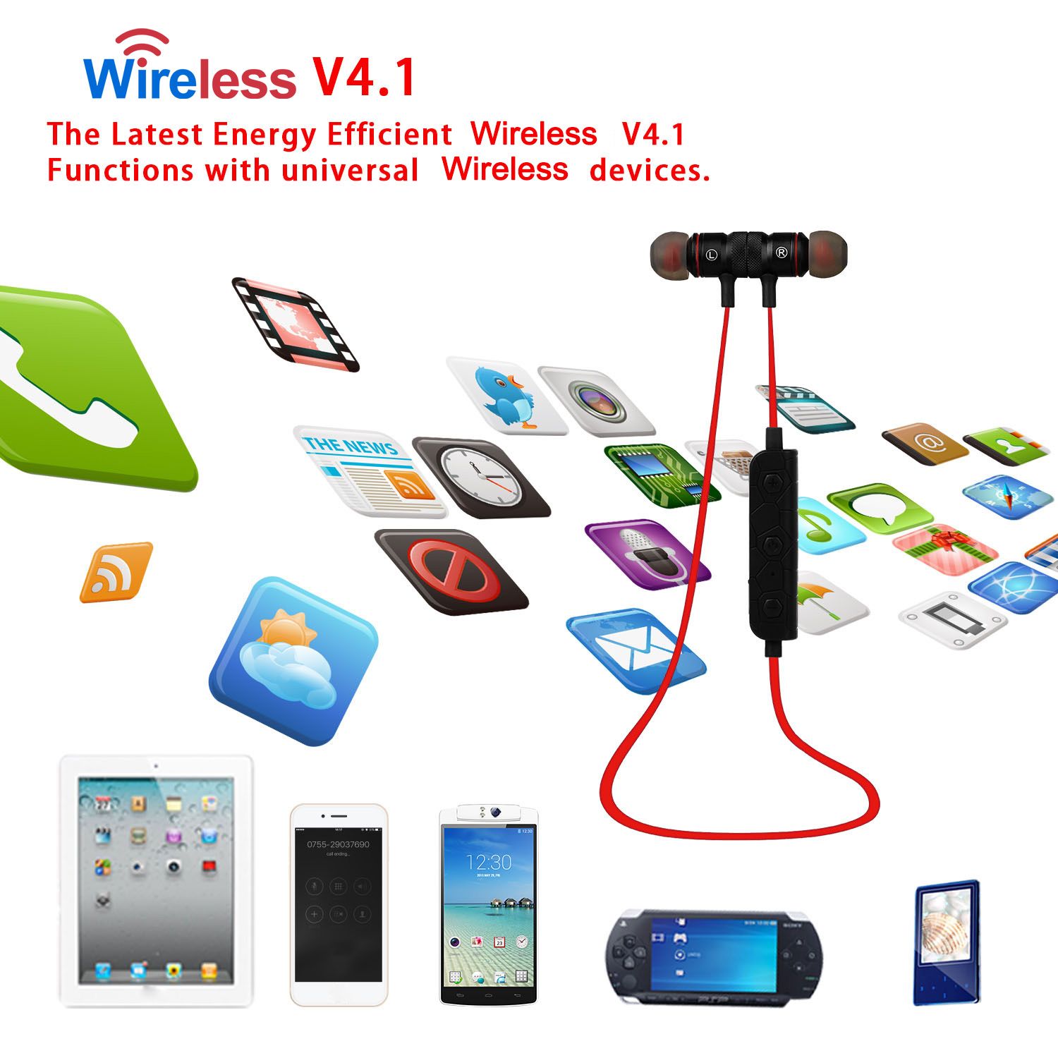 Wireless Sport Earbuds with In-Ear Neckband Sweat-Proof Headsets with Call Alert Number Broadcast In-Ear Headphones for Sports product view
