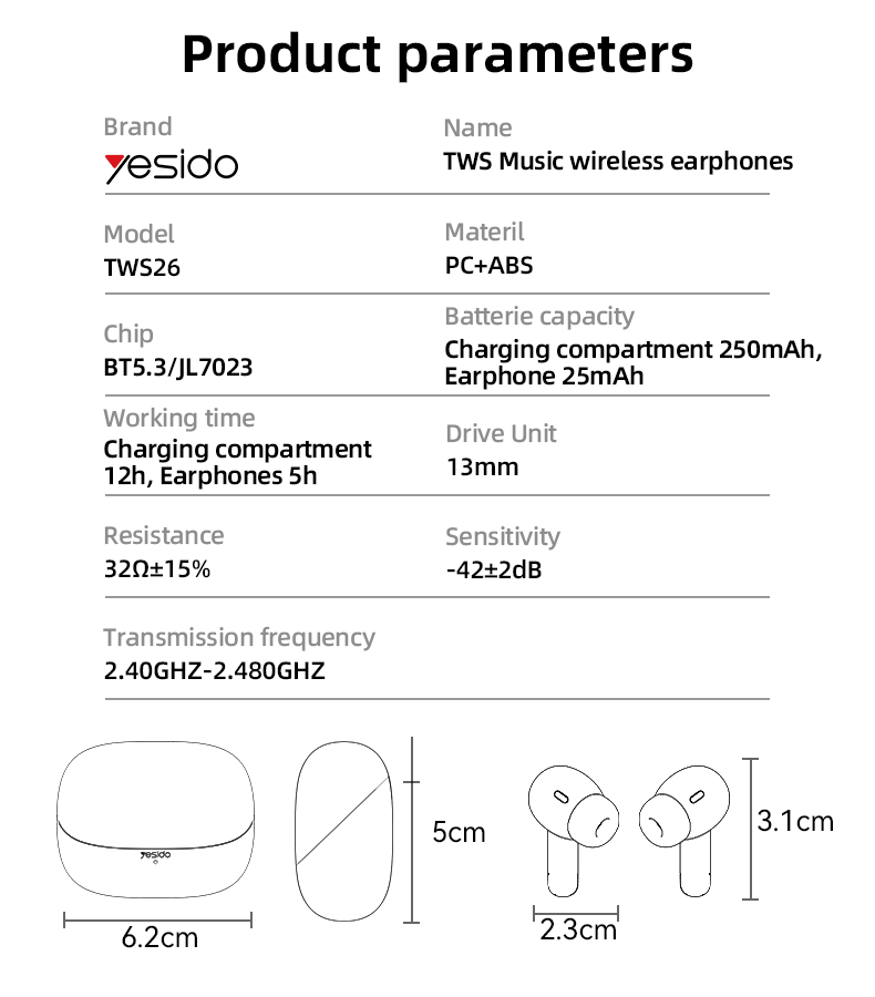 TWS26 Yesido BT5.3 Private Model Patent in Ear Style Headphones Tws Music Wireless Earphones detail