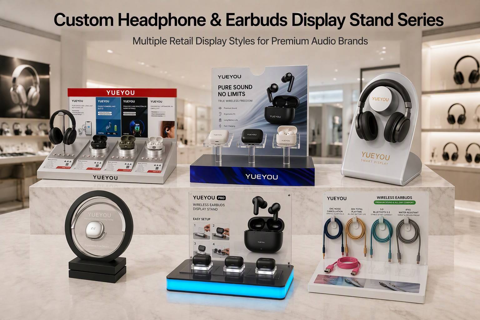 Custom OWS Open Ear Earbuds Display Stand Acrylic Shelf LED Light Guide Blue Ambient Backlight Brand Logo Wireless Earphone Easy detail
