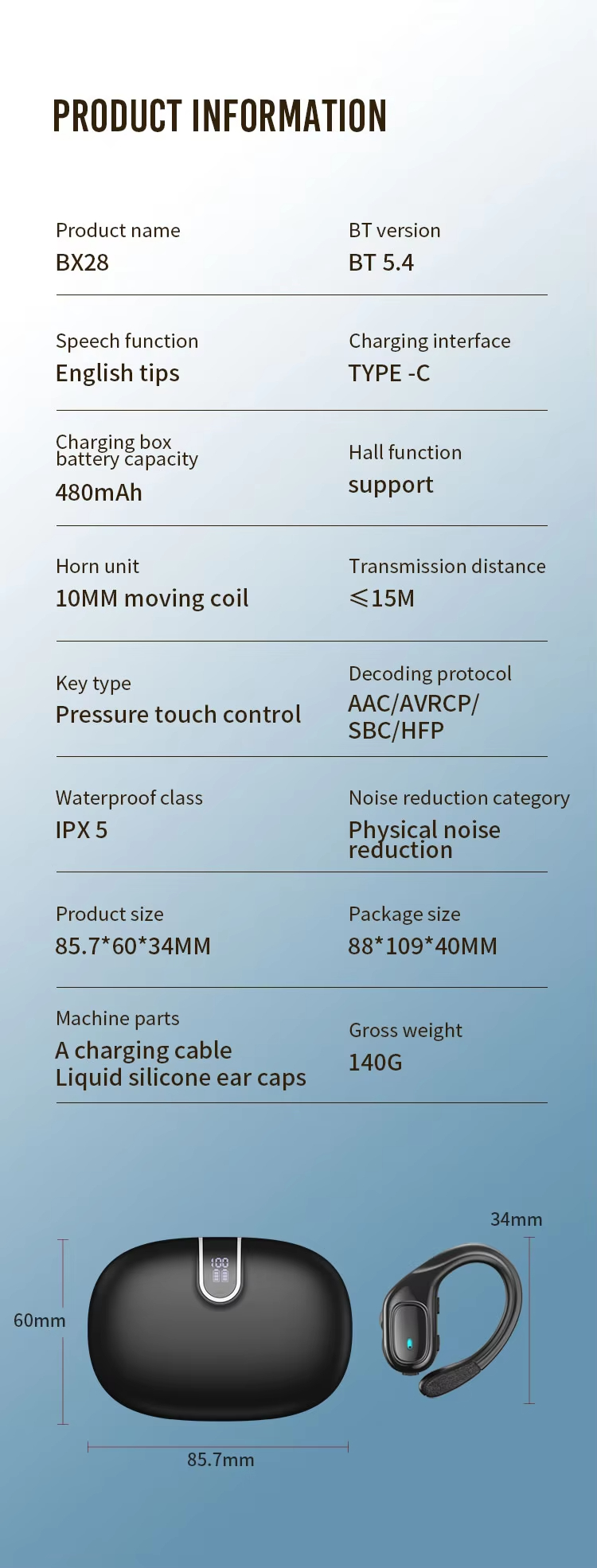 Wireless Earbuds TWS Earphones Headphones JL BT5.4 45H Battery 10mm Driver Digital Display IPX5 Ergonomic Fit Type-C Auto Charge detail