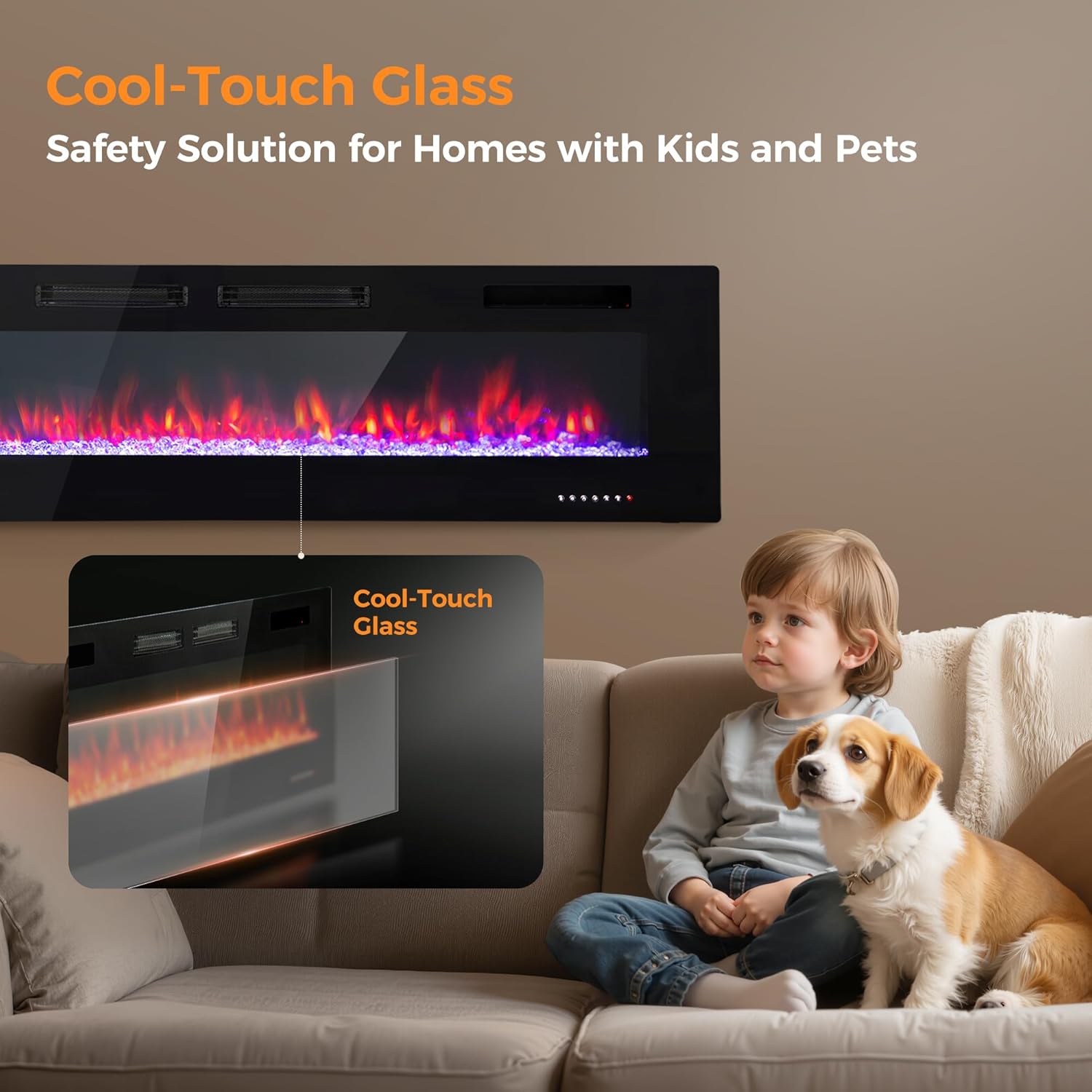 Kalsubo 72 Inch Ultrathin 3.2 Inch Linear Electric Fireplace Heater Recessed Wall Mounted Low Noise