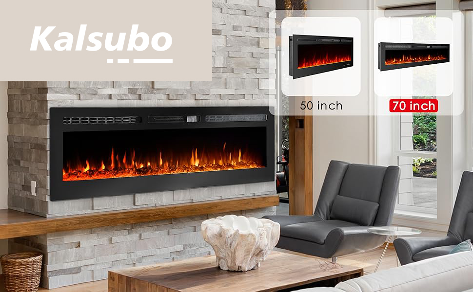 Kalsubo 70" Electric Fireplace Insert 750W 1500W Wall Mount LED Heater Glass View Touch Screen & Remote Control Black detail
