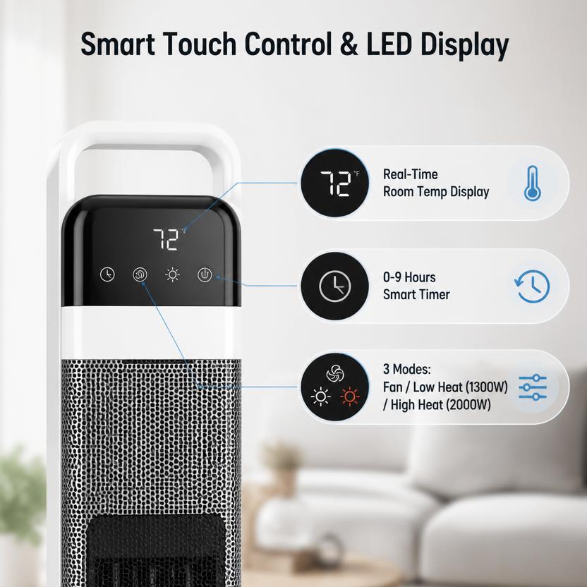 Factory Direct 2000W PTC Ceramic Electric Space Heater Smart Touch LED Display Tower Space Heaters for Indoor Use product view