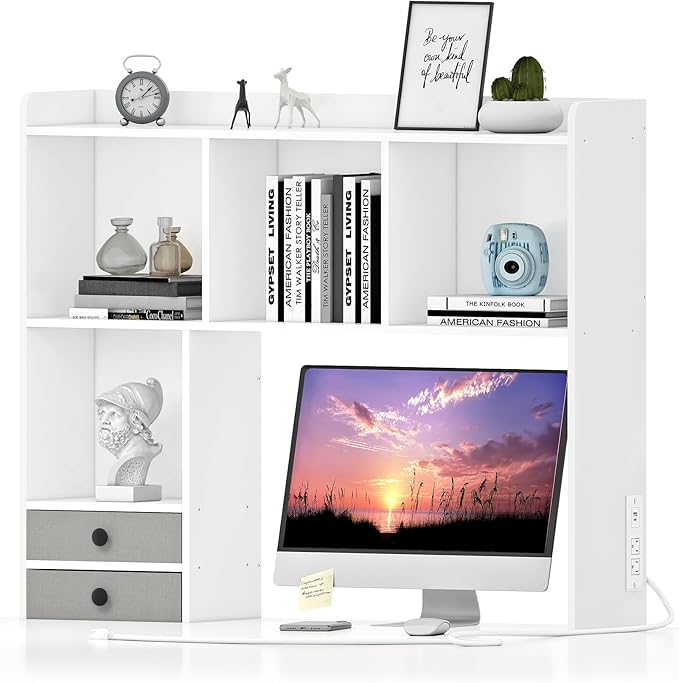 Desktop Bookshelf with Charging Station, Adjustable Desk Shelf Organizer with 7 Shelves