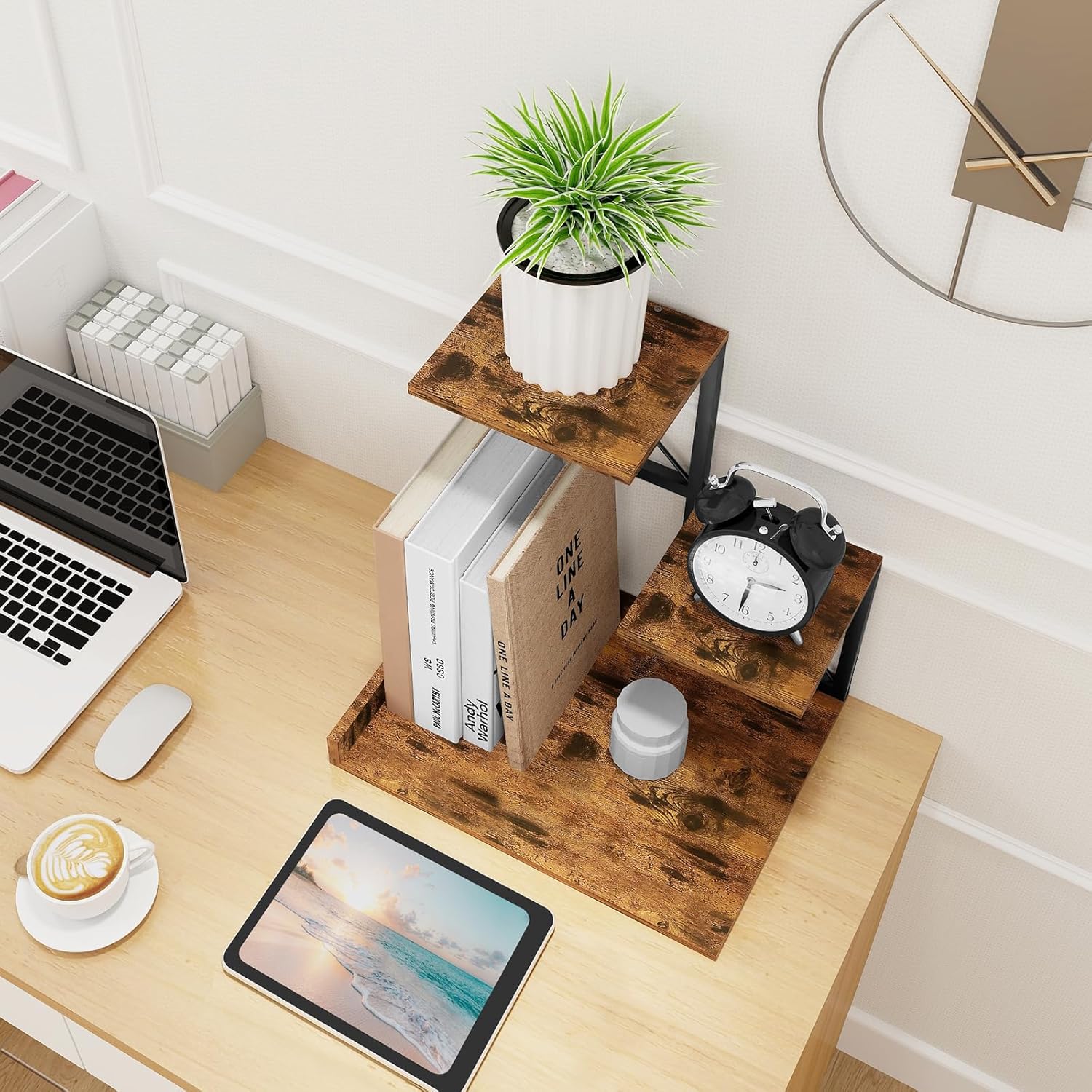 Wood Desktop Organizer Small Bookshelf 3 Tier Storage Shelf Riser Display Stand for Office Dector product view