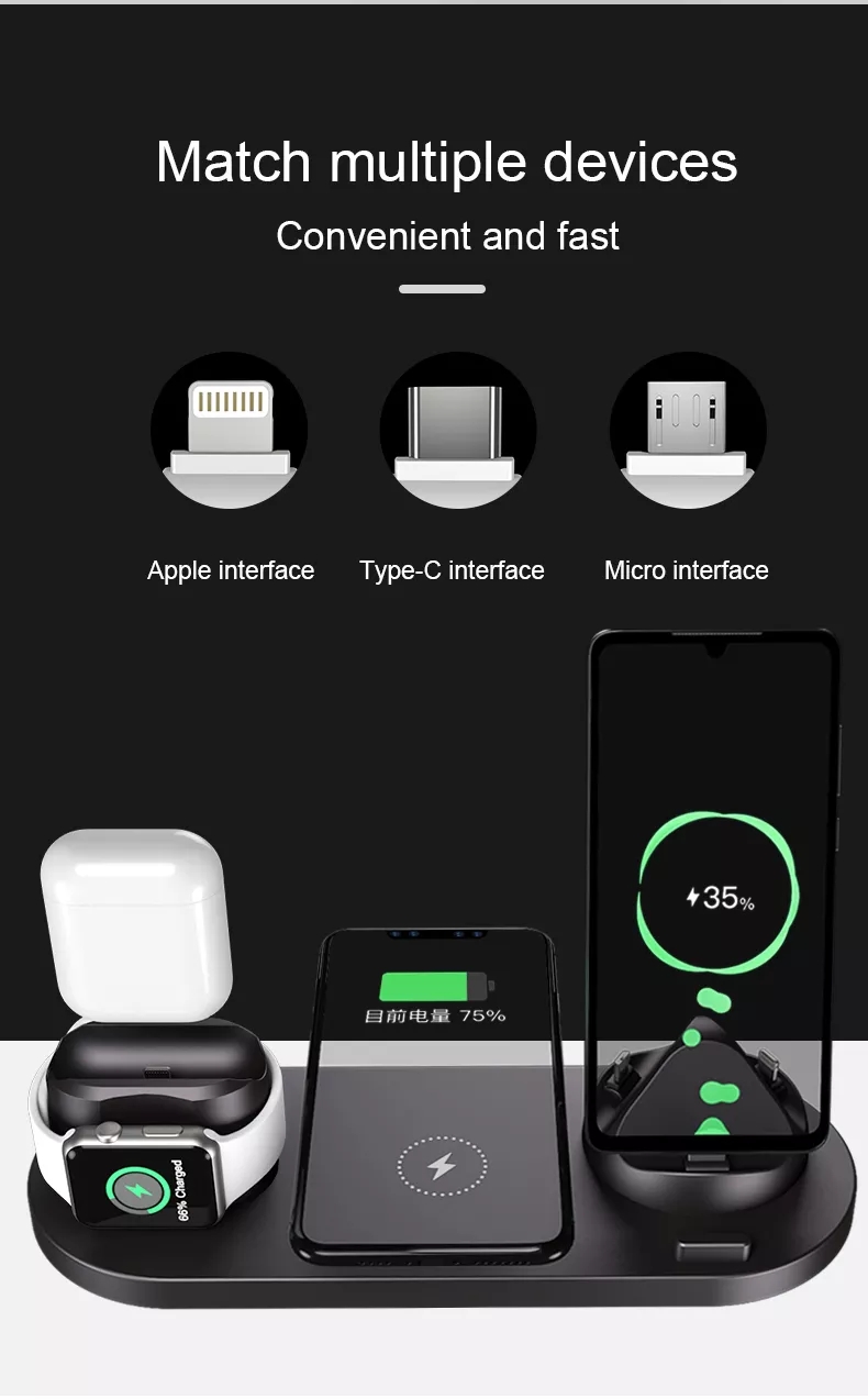 Tabletop Fast Charging 4 6 in 1 Rotate Stand Phone Holder Charge Dock Universal Wireless Charger for iPhone Apple Watch Samsung detail