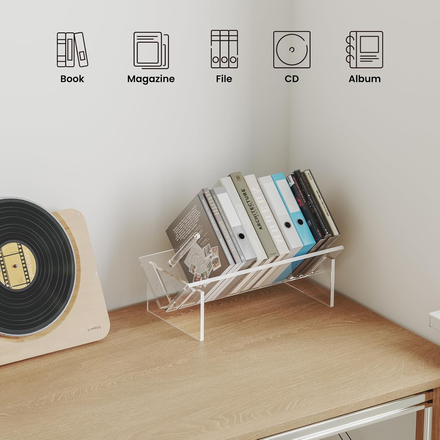 Modern Transparent Acrylic 5+ Tier Durable Curved Desktop Bookshelf Inclined Design for Small Book CD Magazine Display Storage product view