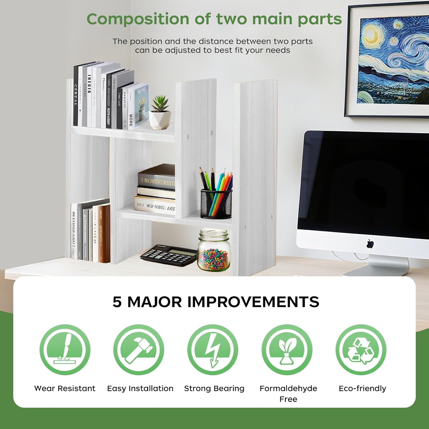 Wooden Desk Organizer Shelf Adjustable 2-Tier Tabletop Mount Bookshelf for Home & Office Storage product view