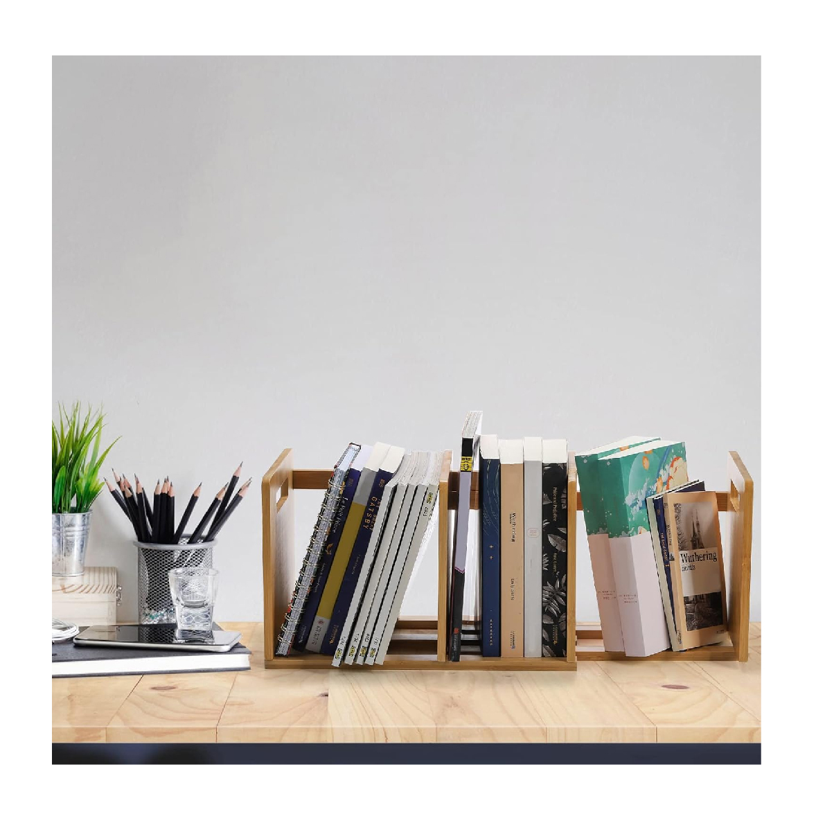 Bamboo Desktop Bookshelf Expandable Desktop Organizer Small Display Shelf Book Rack for Office Supplies Home Tabletop detail