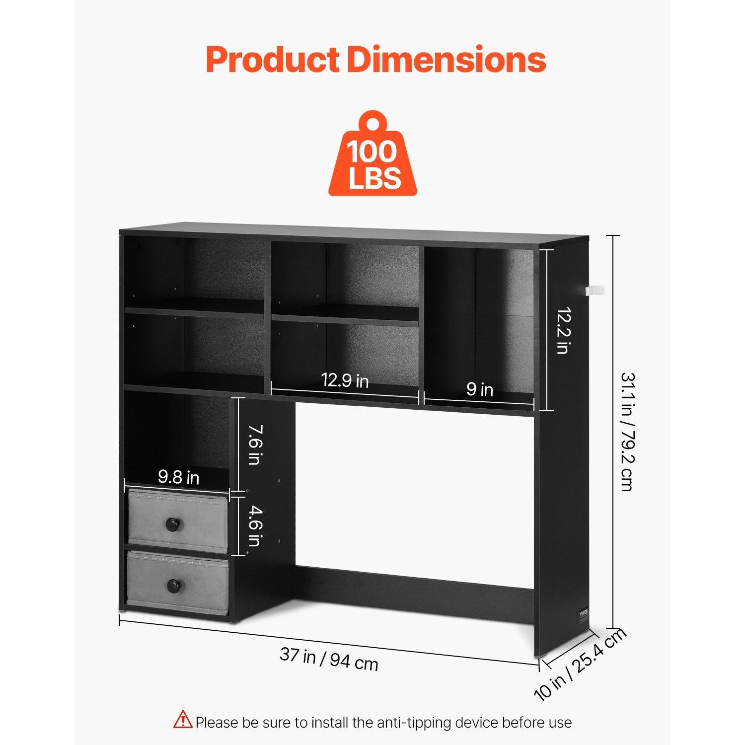 37\" X 10\" X 31.1\" Black Wood Desktop Bookshelf Two Fabric Drawers 3-Tier Desktop Storage Organizer Storage Rack Display Shelf product view