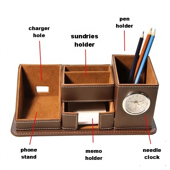 LG-B050 Custom Logo PU Leather Desk Pen Holder with Alarm Clock Personalized Office Storage Box Drawer Organizer detail