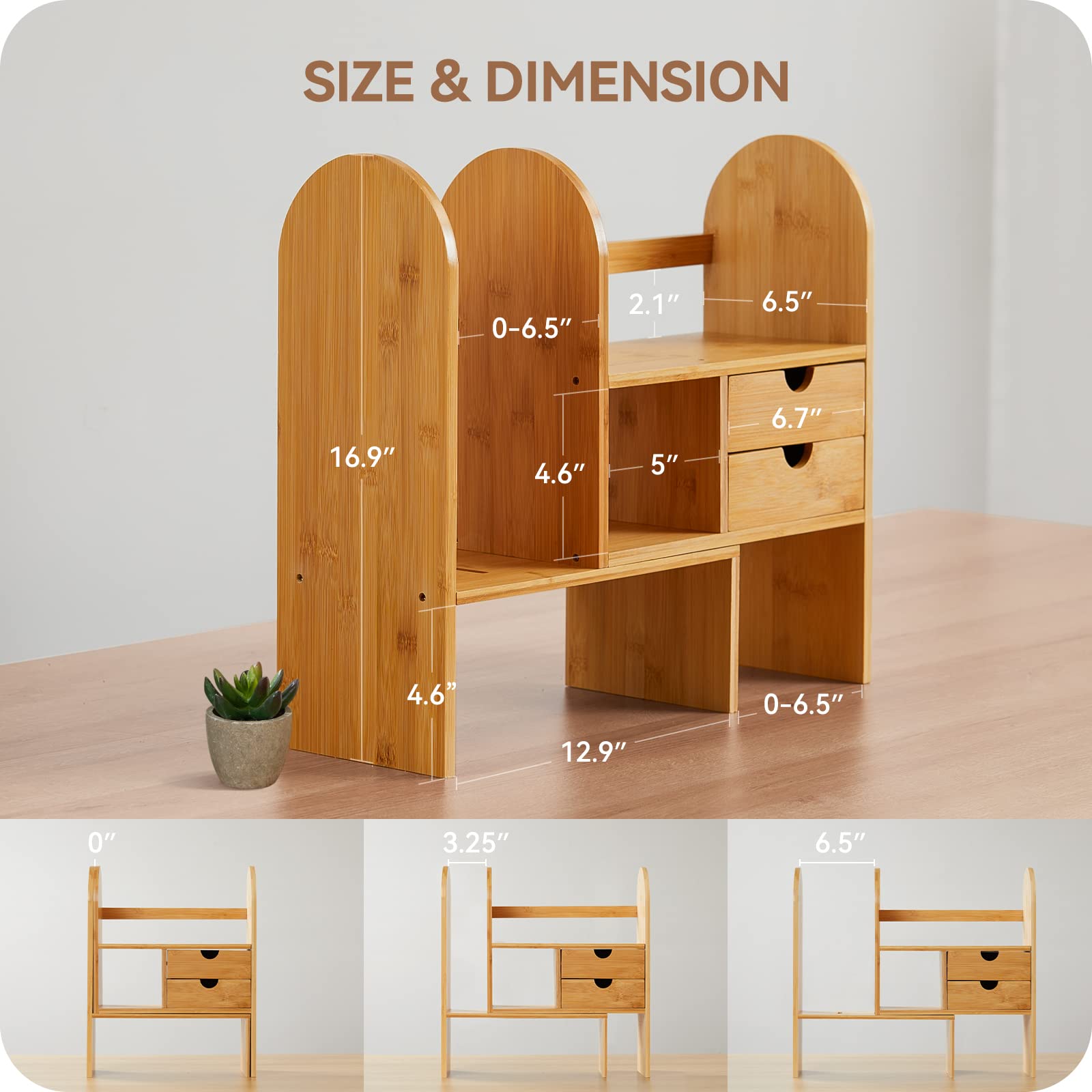 Adjustable Bamboo Wood Desktop Bookshelf Custom Tabletop Display Organizer with Drawer Storage Rack for Home Office product view