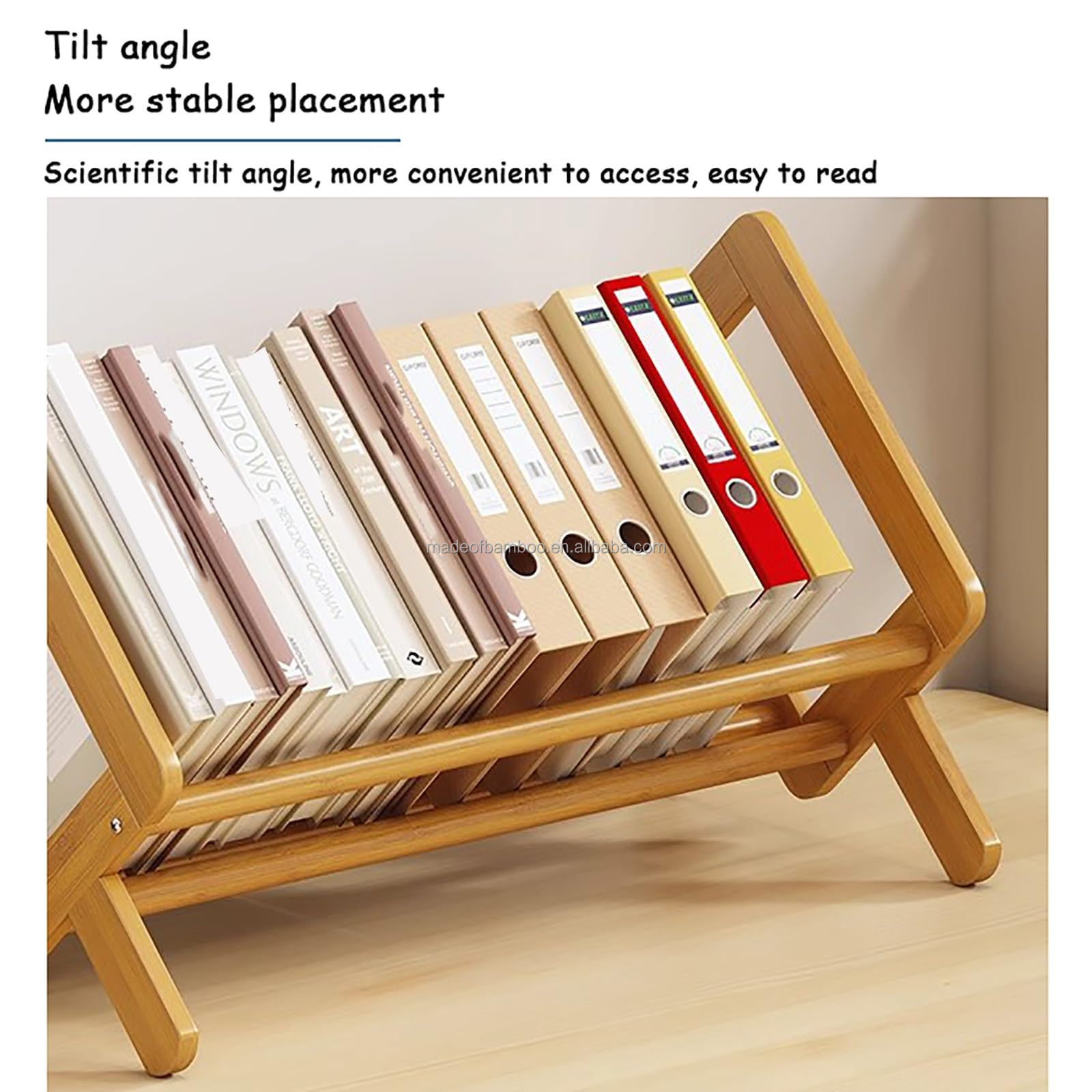 Bamboo Desktop Bookshelf Organizer Desk Wooden Tilting Bookcase Record Holder for CDs Living Room Home Office Small Book Rack detail