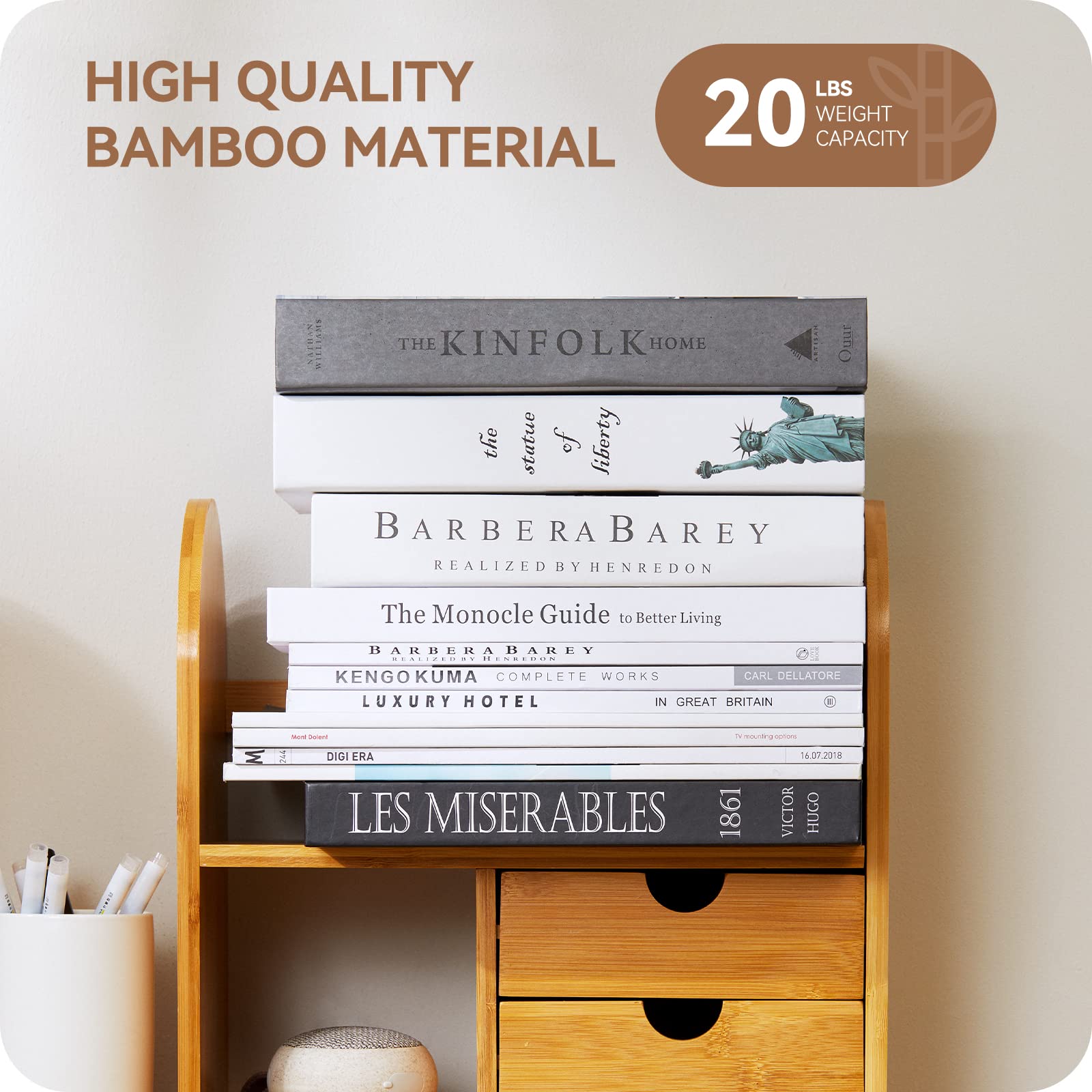 Custom Adjustable Wood Bamboo Desktop Bookshelf Organizer Tabletop Display Office Desk Storage Shelf Rack for Office Supplies detail