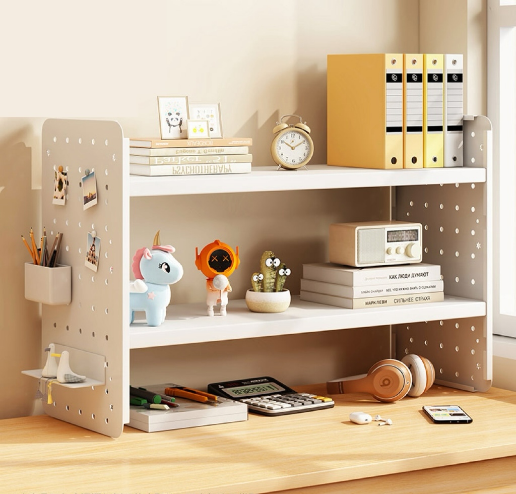 Simple Multi-Layer Desktop Bookshelf with Hole Pegboard Office Workstation Storage Rack Organizer for Student Dormitory product view