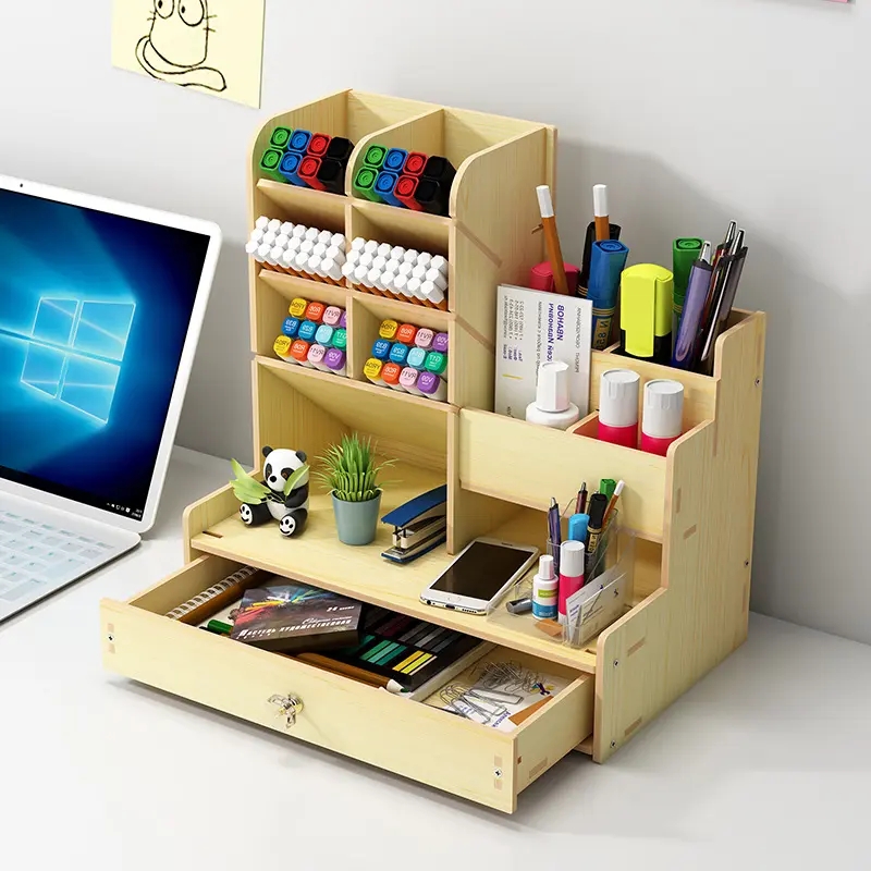 Multi-Functional Diy Desktop Pen Organizer Large-Capacity Wooden Desk Organizer With Storage Rack & Drawer product view