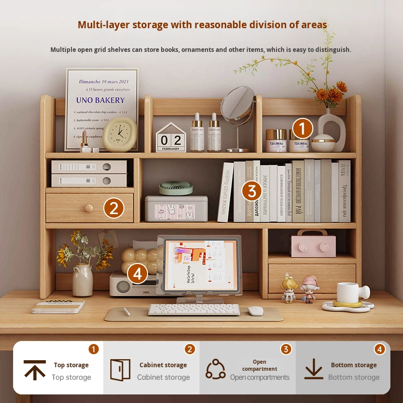 Solid Wood Minimalist Modern Style Desktop Bookshelf Storage Rack for Home Bay Window Desk product view