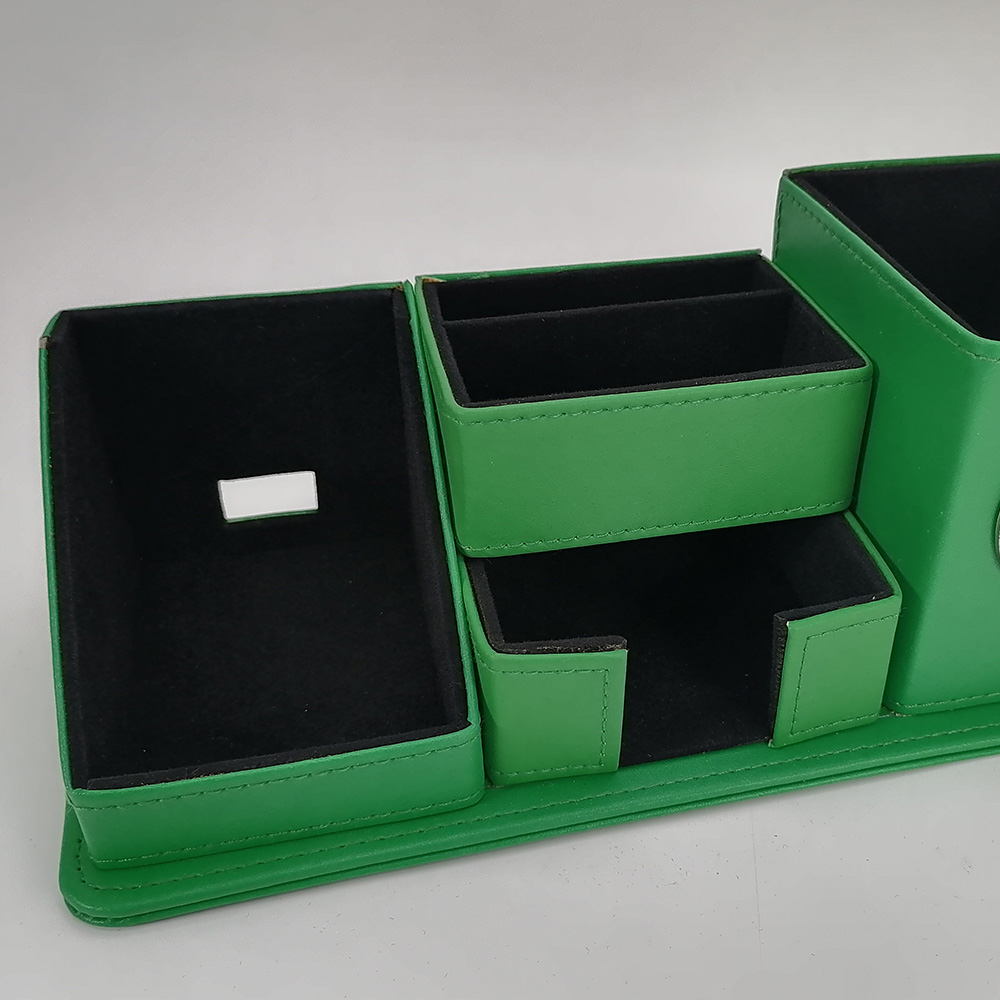 LG-B050 Custom Logo PU Leather Desk Pen Holder with Alarm Clock Personalized Office Storage Box Drawer Organizer product view