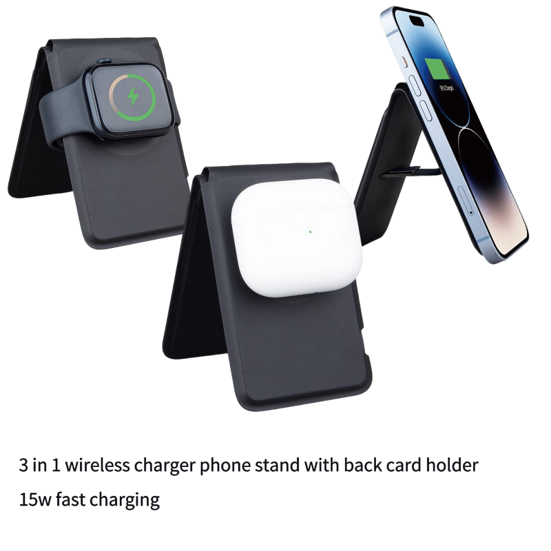 Multifunctional Magnetic 3-in-1 Wireless Charger Phone Stand with Back Card Slot Support Horizontal Vertical Viewing product view