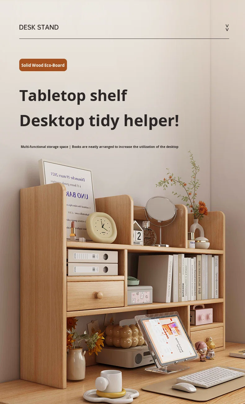 Solid Wood Minimalist Modern Style Desktop Bookshelf Storage Rack for Home Bay Window Desk detail
